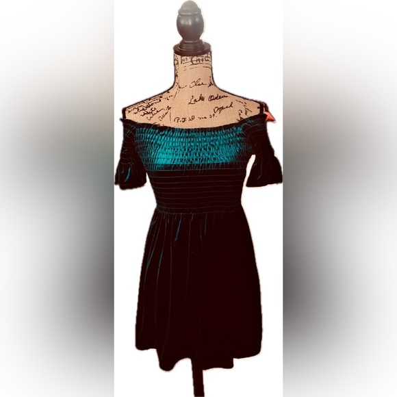 Urban Outfitters Emerald Green Velvet Smocked Mini Dress Tunic Off Shoulder S - Picture 2 of 6